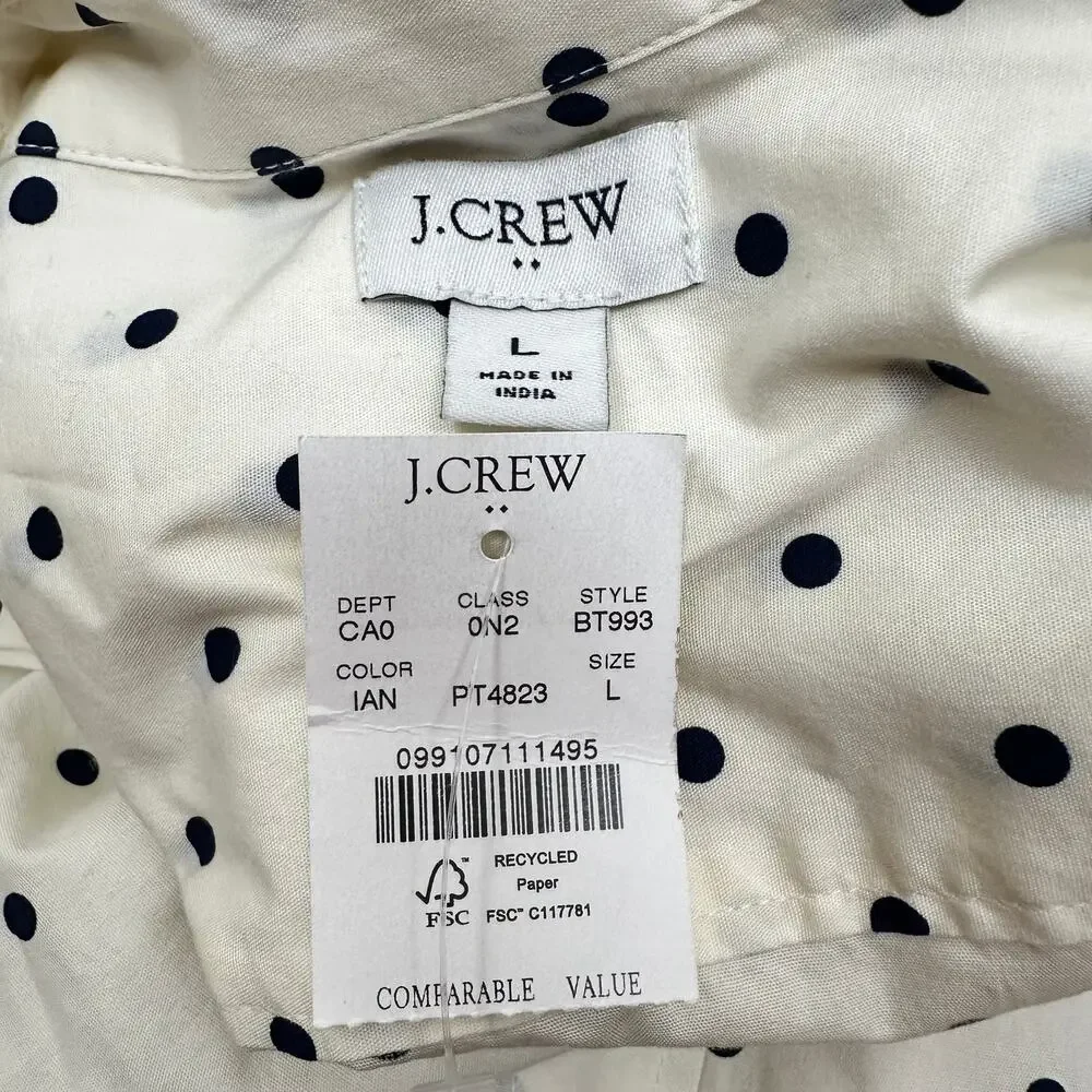 NEW J. Crew Blouse Top Button Front Polka Dot Cream Navy Large Preppy Office